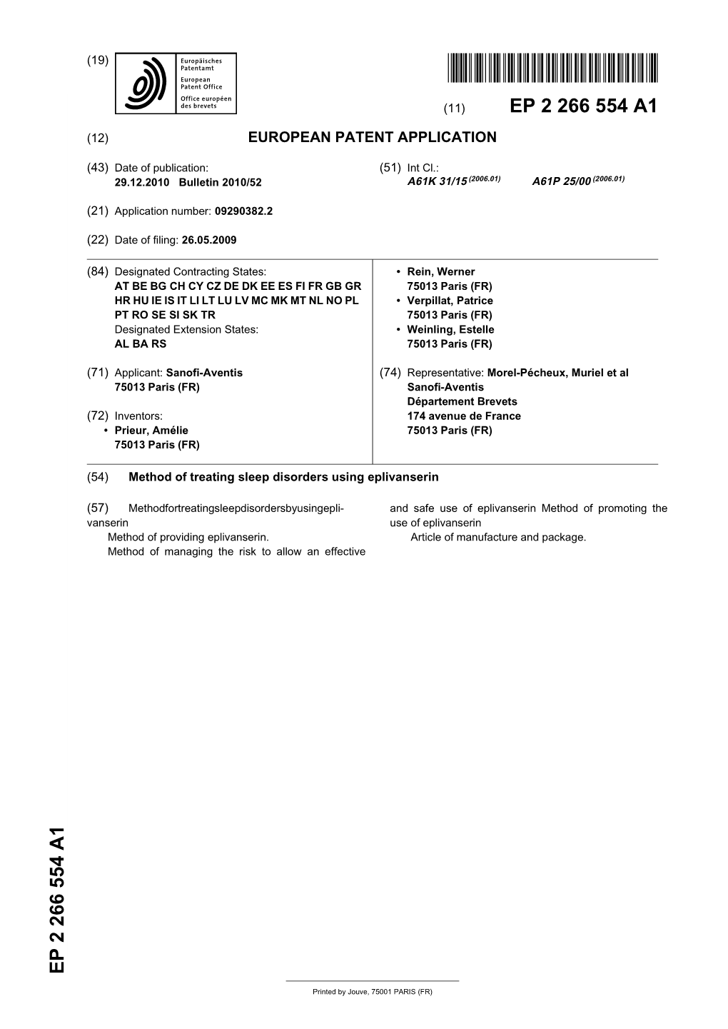 Method of Treating Sleep Disorders Using Eplivanserin