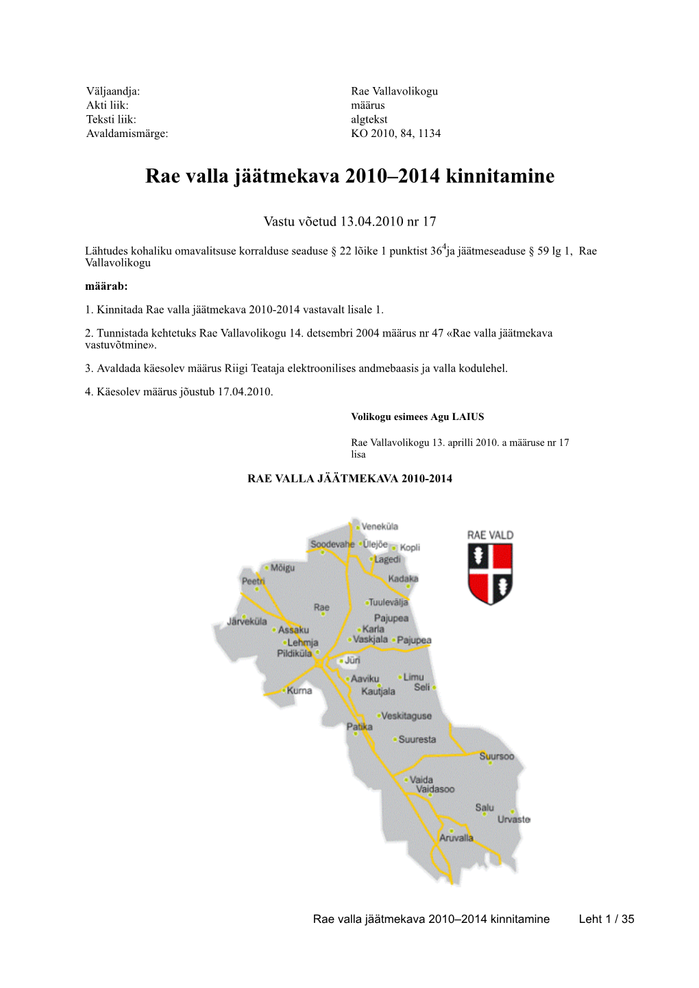 Rae Valla Jäätmekava 2010–2014 Kinnitamine