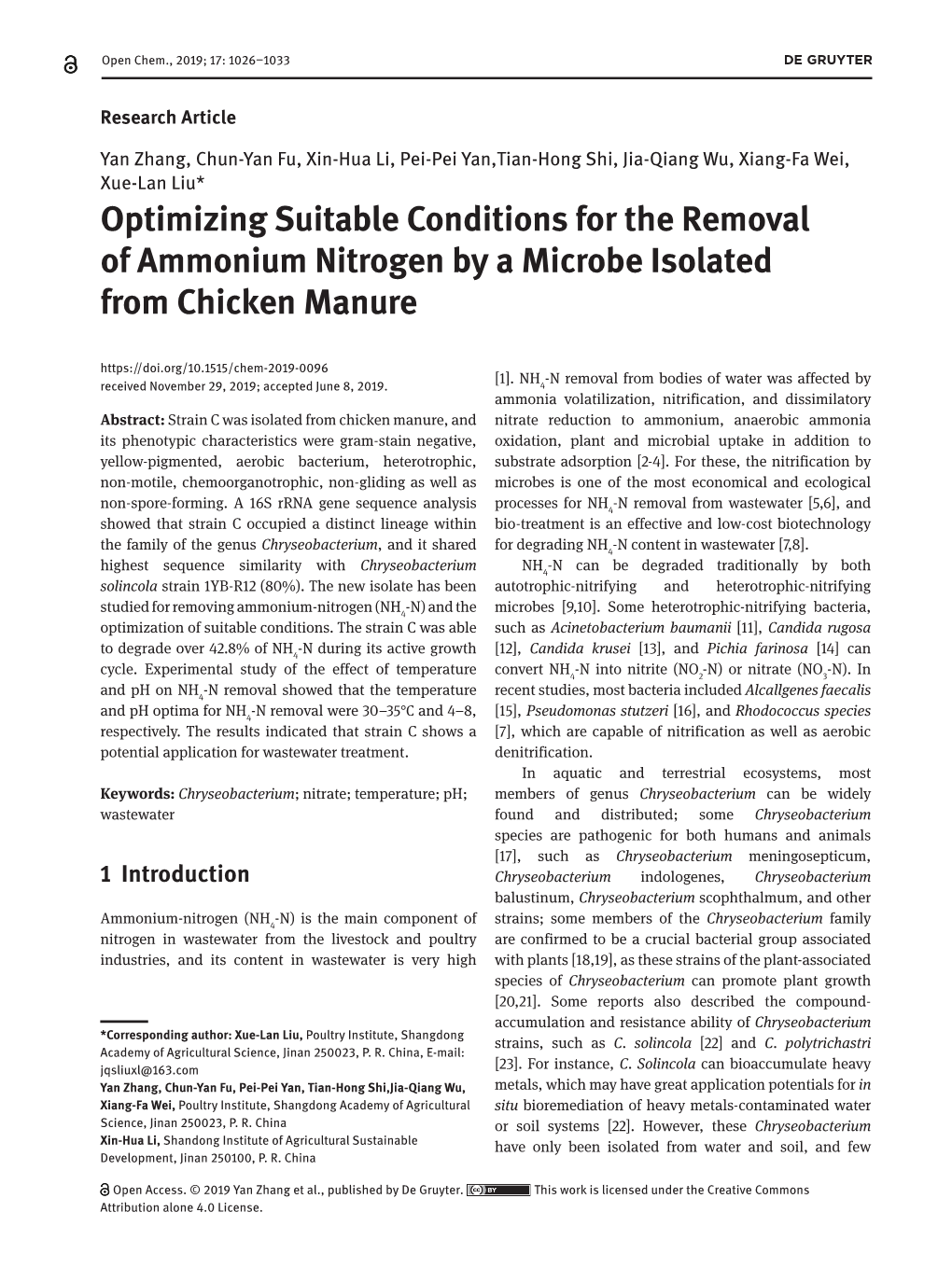 Optimizing Suitable Conditions for the Removal of Ammonium Nitrogen by a Microbe Isolated from Chicken Manure [1]