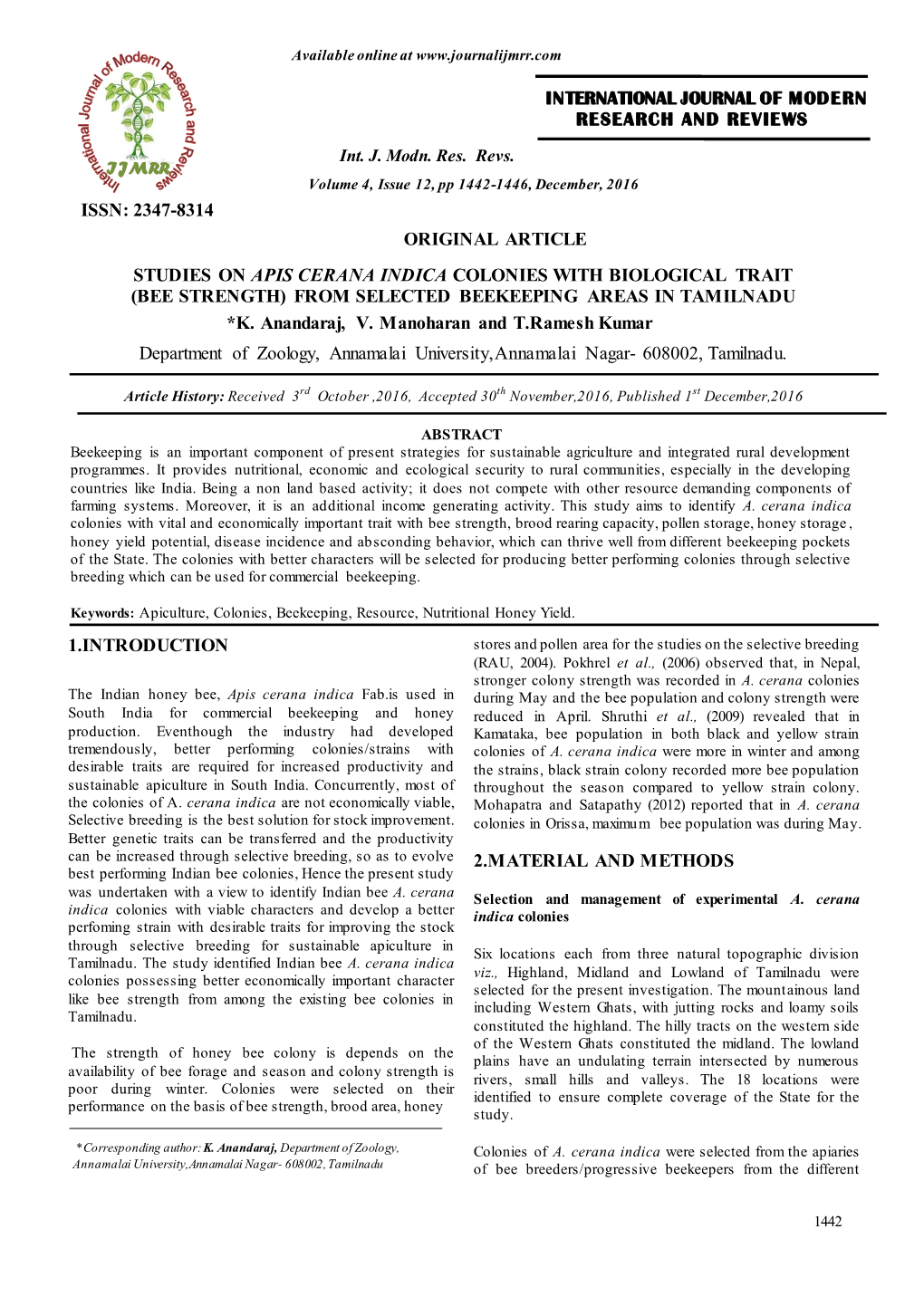 Original Article Studies on Apis Cerana Indica Colonies