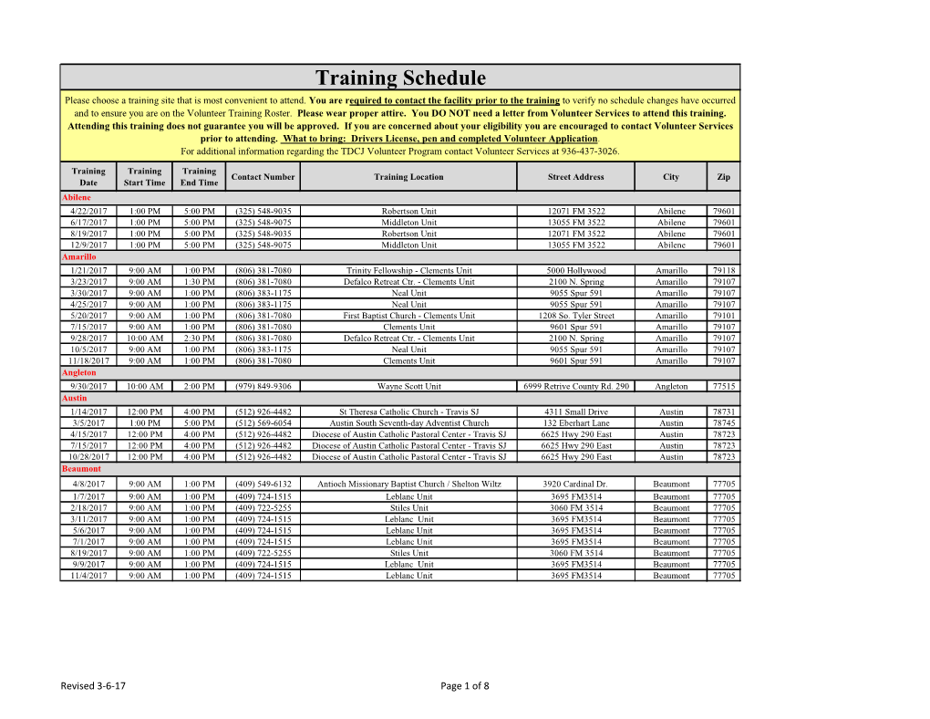 Training Schedule Please Choose a Training Site That Is Most Convenient to Attend