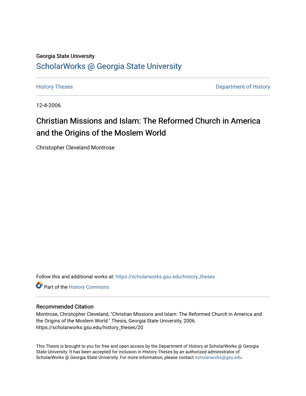 Christian Missions and Islam: the Reformed Church in America and the Origins of the Moslem World