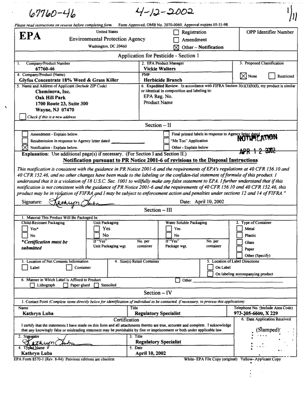 U.S. EPA, Pesticide Product Label, GLYFOS CONCENTRATE 18