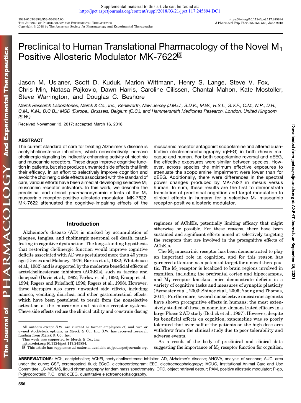 Preclinical to Human Translational Pharmacology of the Novel M1 Positive Allosteric Modulator MK-7622 S