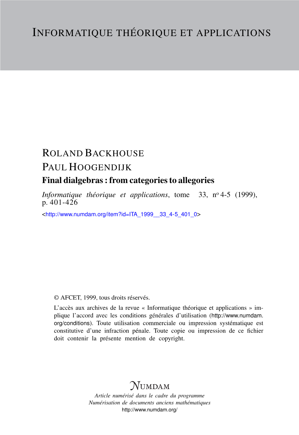 From Categories to Allegories Informatique Théorique Et Applications, Tome 33, No 4-5 (1999), P
