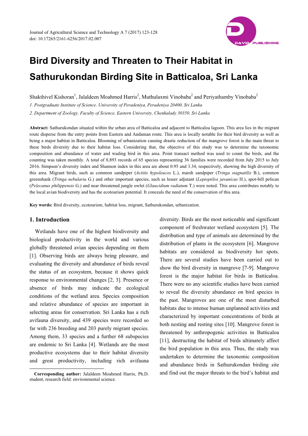 Bird Diversity and Threaten to Their Habitat in Sathurukondan Birding Site in Batticaloa, Sri Lanka