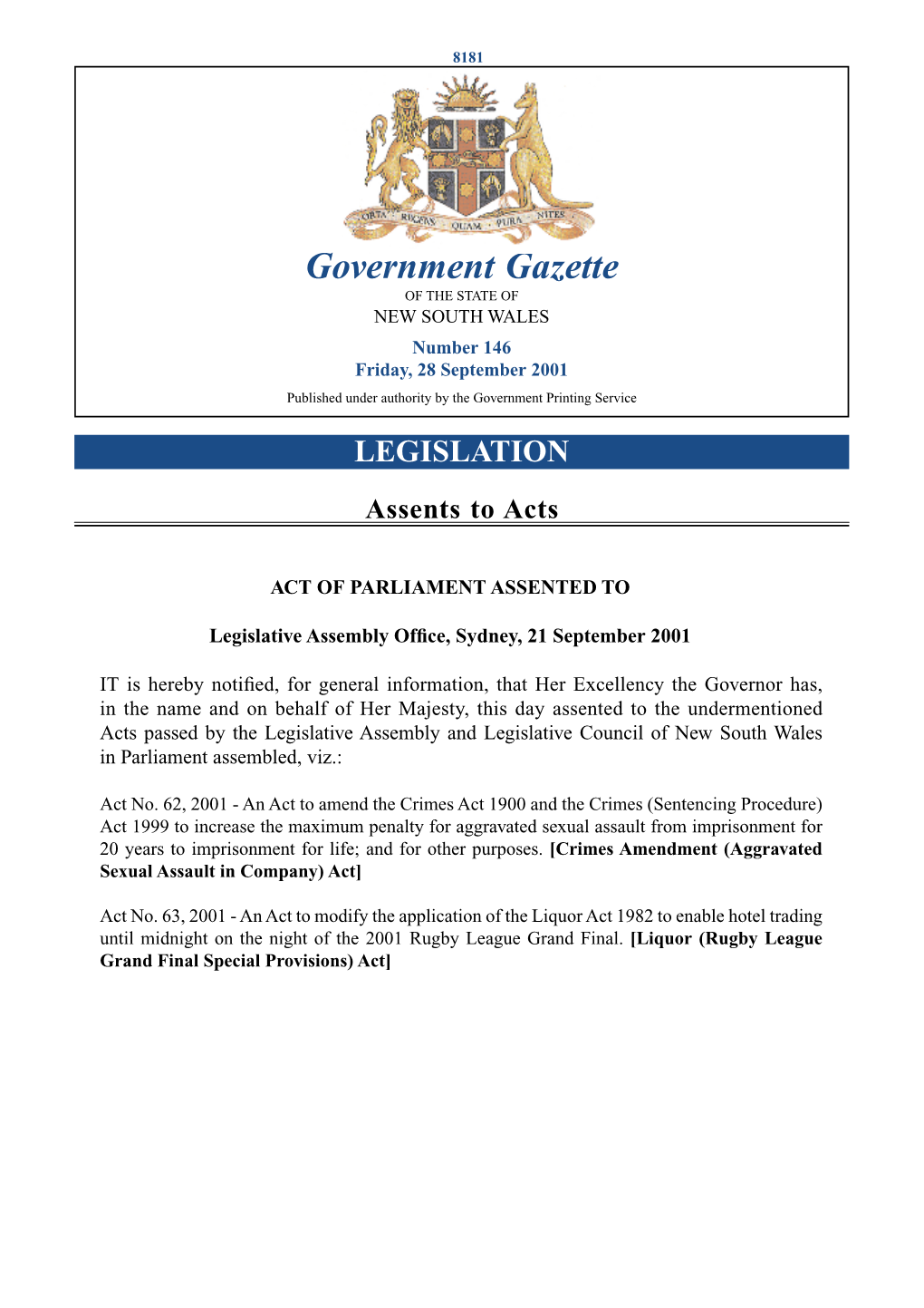 Government Gazette of the STATE of NEW SOUTH WALES Number 146 Friday, 28 September 2001 Published Under Authority by the Government Printing Service