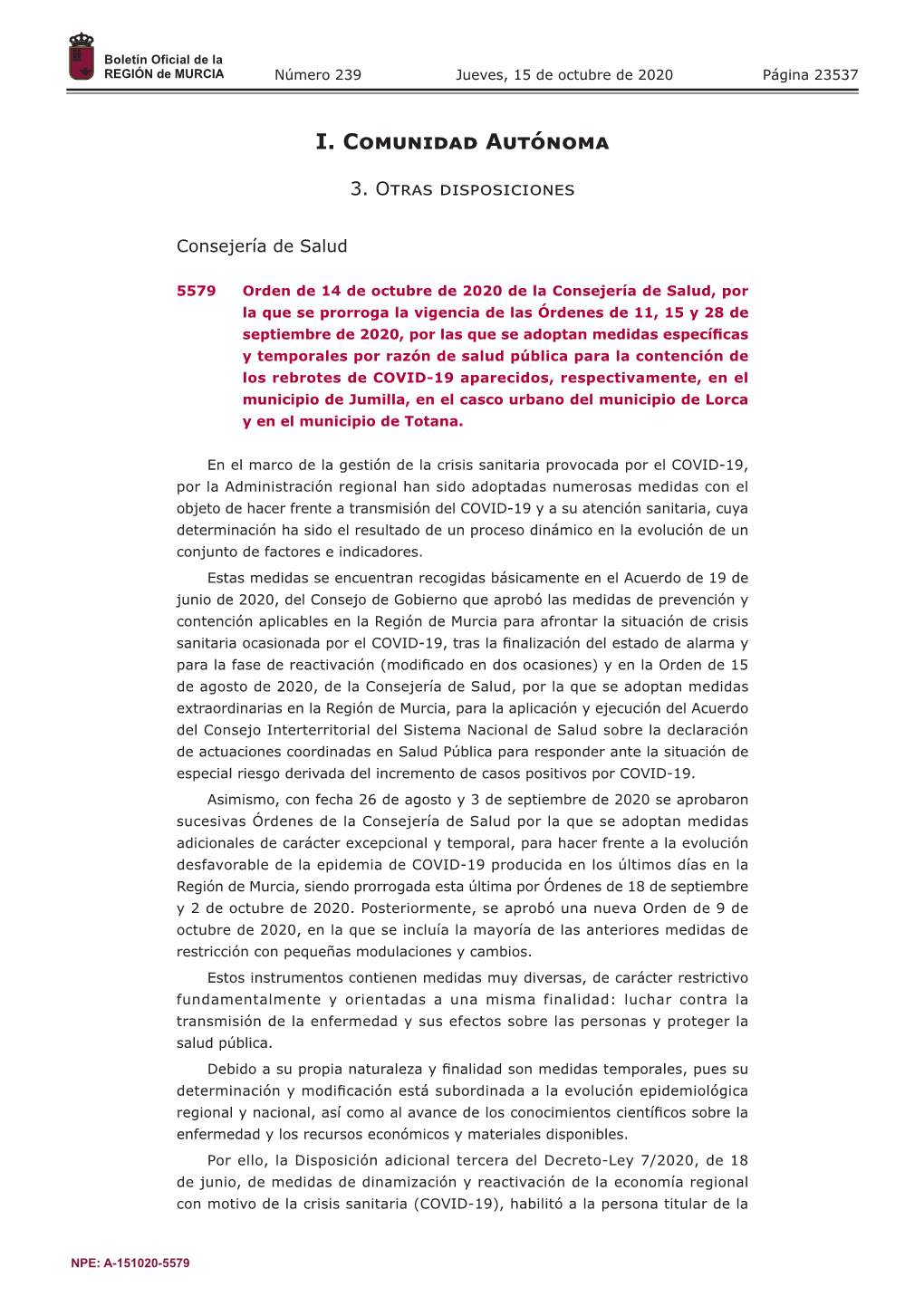 Publicación Número 5579 Del BORM Número 239 De 15/10/2020