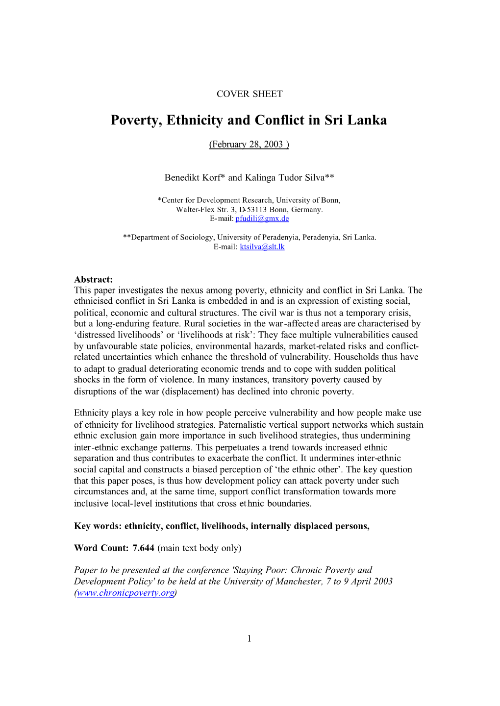 Poverty, Ethnicity and Conflict in Sri Lanka
