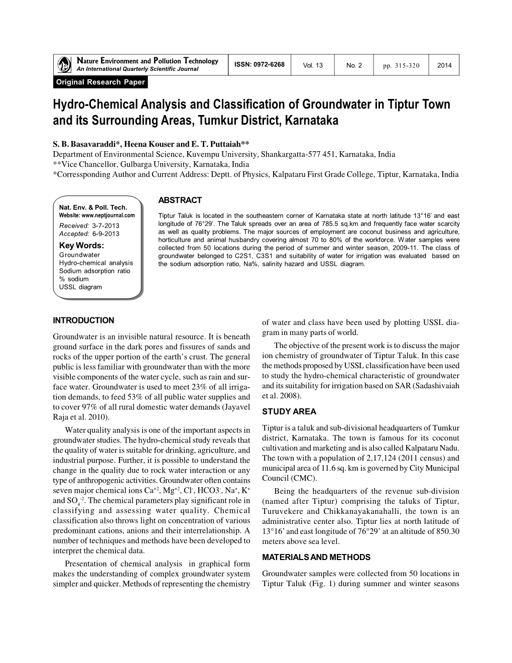 Hydro-Chemical Analysis and Classification of Groundwater in Tiptur Town and Its Surrounding Areas, Tumkur District, Karnataka