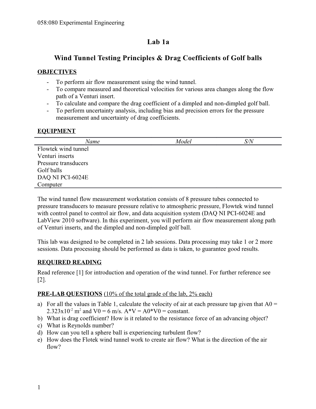 Wind Tunnel Testing Principles & Drag Coefficients of Golf Balls