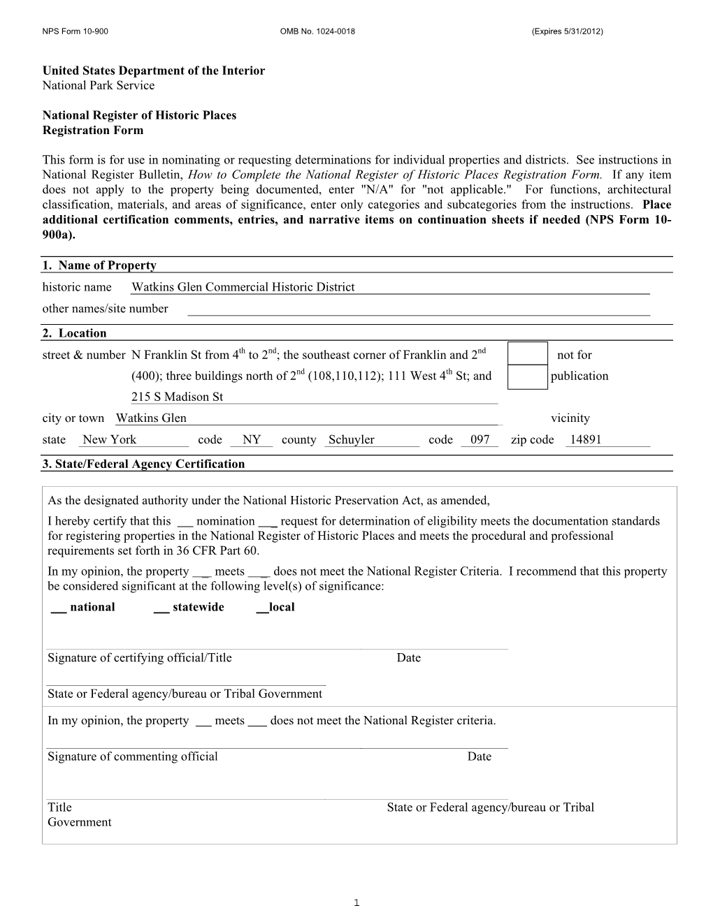 United States Department of the Interior National Park Service National Register of Historic Places Registration Form This Form