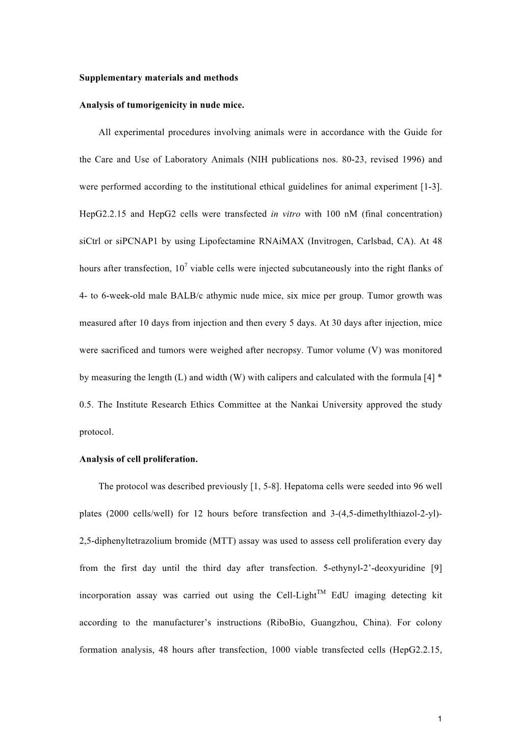 Supplementary Materials and Methods Analysis of Tumorigenicity