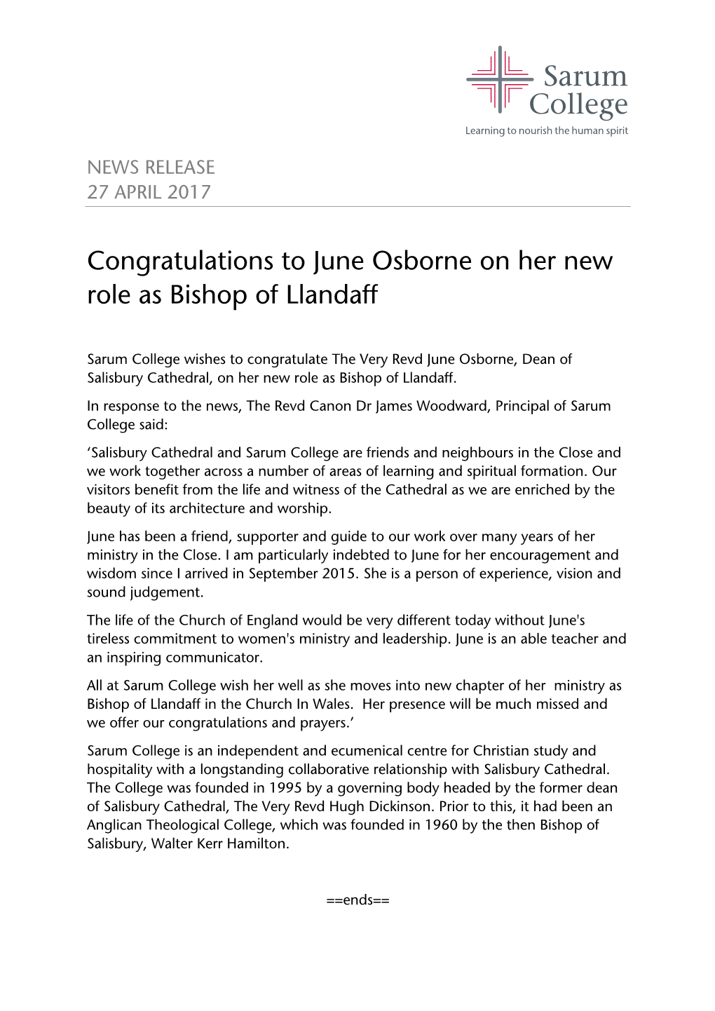 Congratulations to June Osborne on Her New Role As Bishop of Llandaff