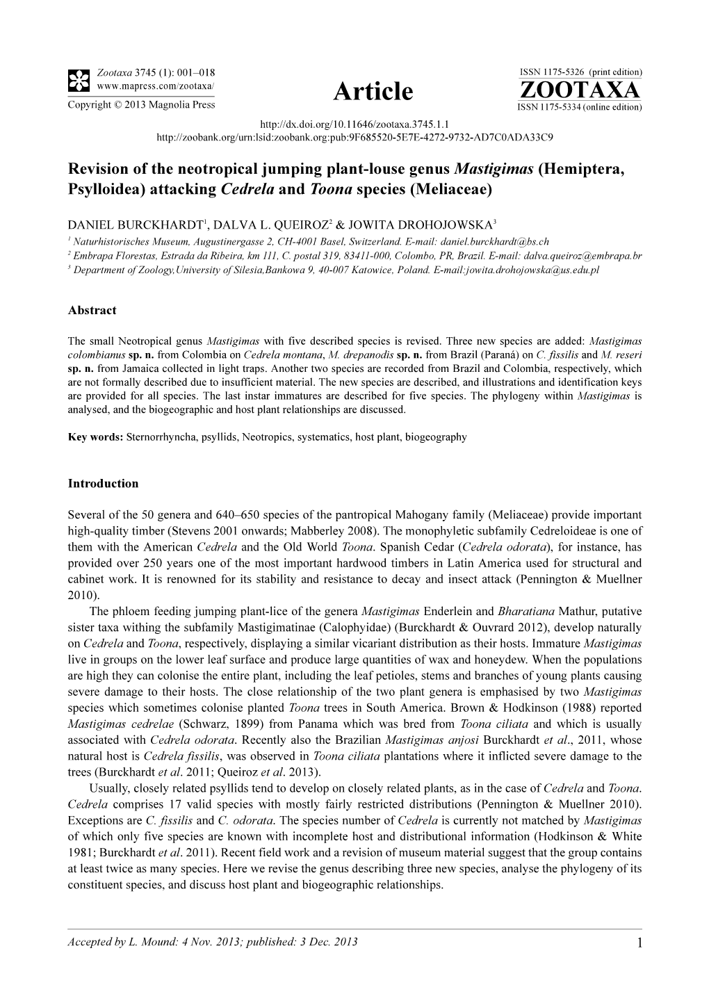 Revision of the Neotropical Jumping Plant-Louse Genus Mastigimas (Hemiptera, Psylloidea) Attacking Cedrela and Toona Species (Meliaceae)