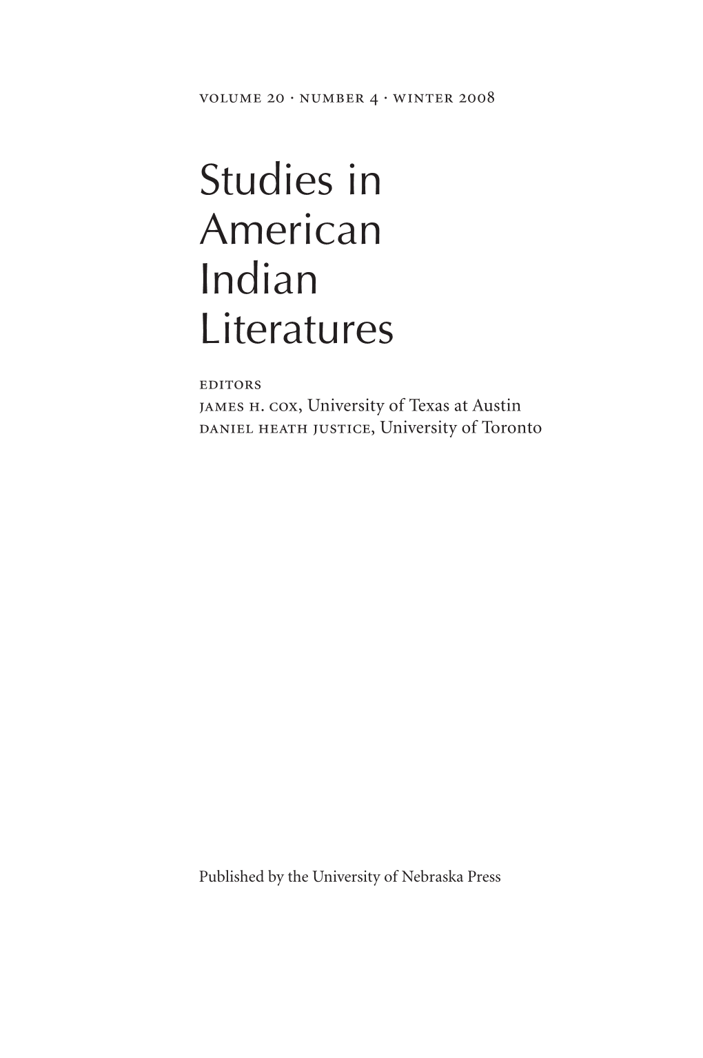 Studies in American Indian Literatures Editors James H