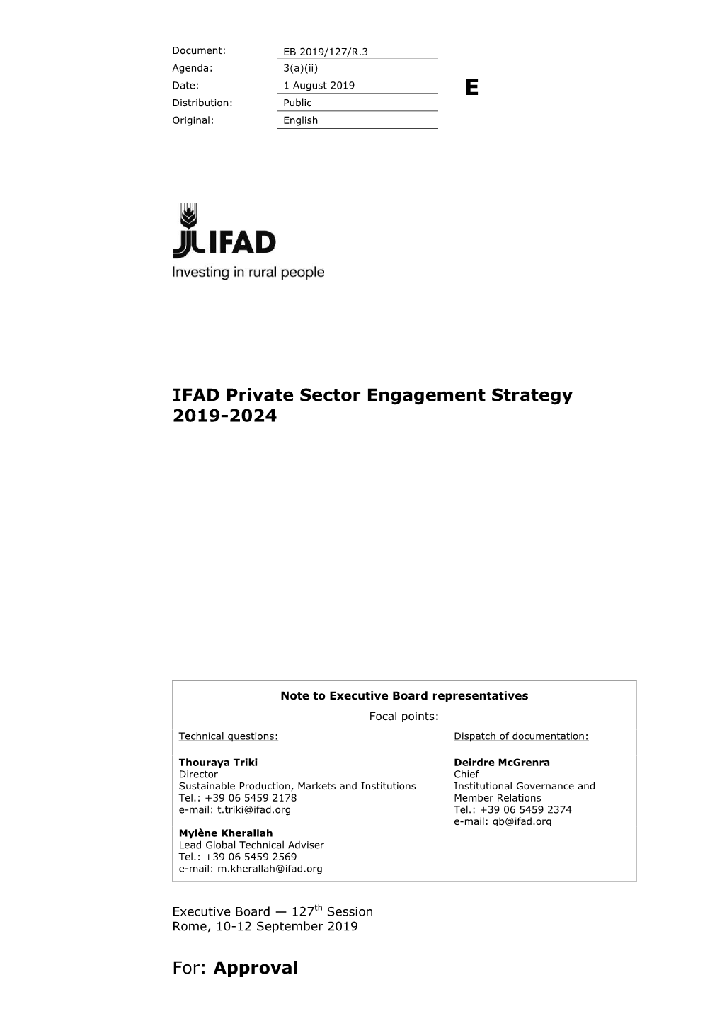 For: Approval IFAD Private Sector Engagement Strategy 2019-2024