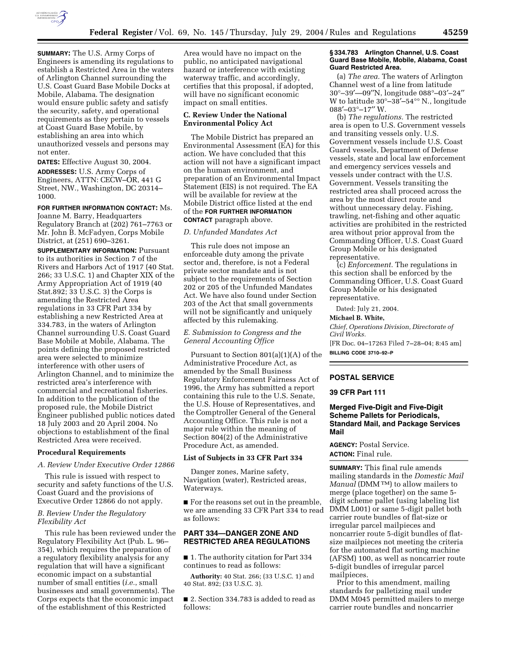 Federal Register/Vol. 69, No. 145/Thursday, July 29, 2004/Rules