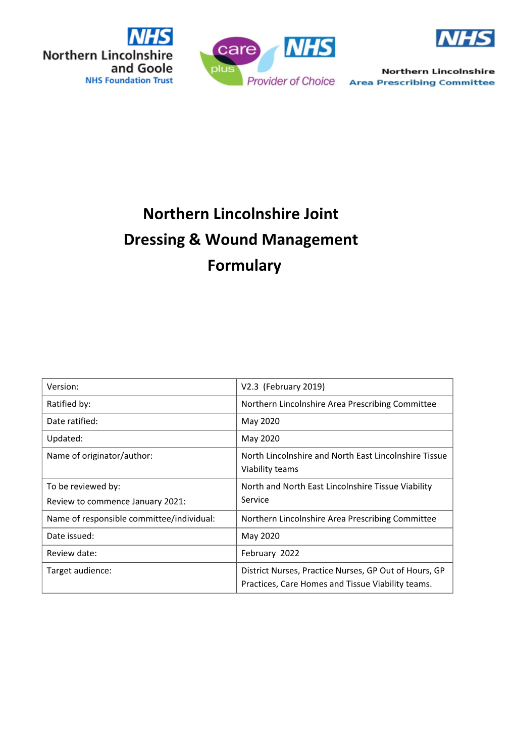 Northern Lincolnshire Joint Dressing & Wound Management Formulary