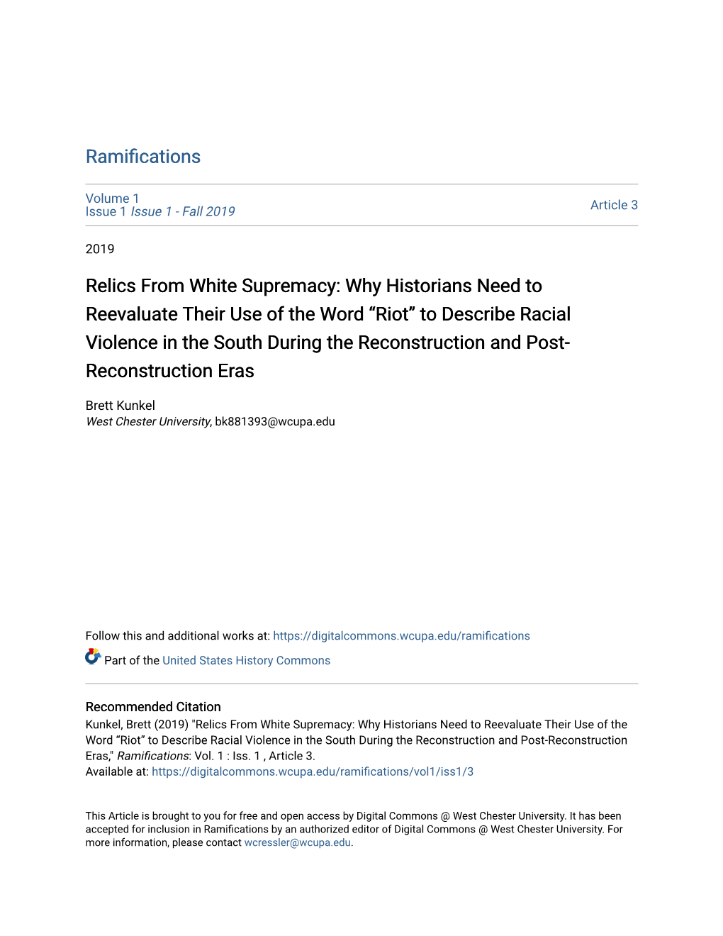 Why Historians Need to Reevaluate Their Use of the Word “Riot” to Describe Racial Violence in the South During the Reconstruction and Post- Reconstruction Eras