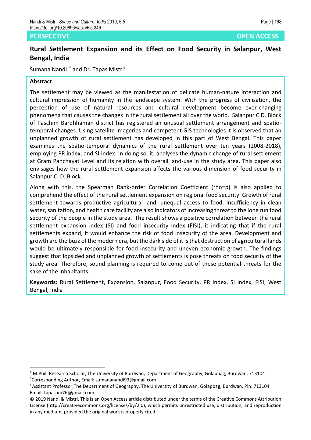 PERSPECTIVE OPEN ACCESS Rural Settlement Expansion and Its Effect on Food Security in Salanpur, West Bengal, India Sumana Nandi†* and Dr
