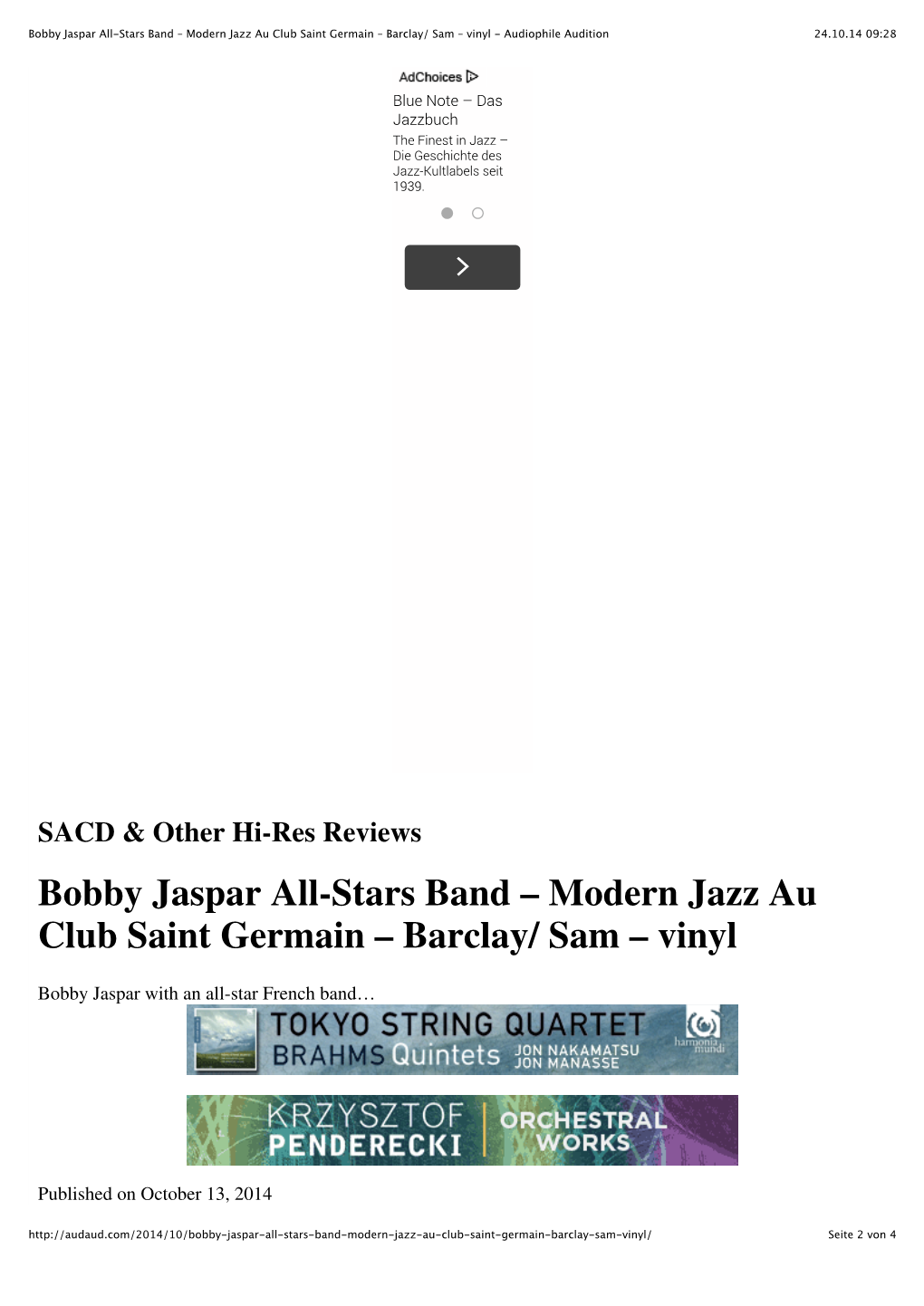 Bobby Jaspar All-Stars Band – Modern Jazz Au Club Saint Germain – Barclay/ Sam – Vinyl - Audiophile Audition 24.10.14 09:28