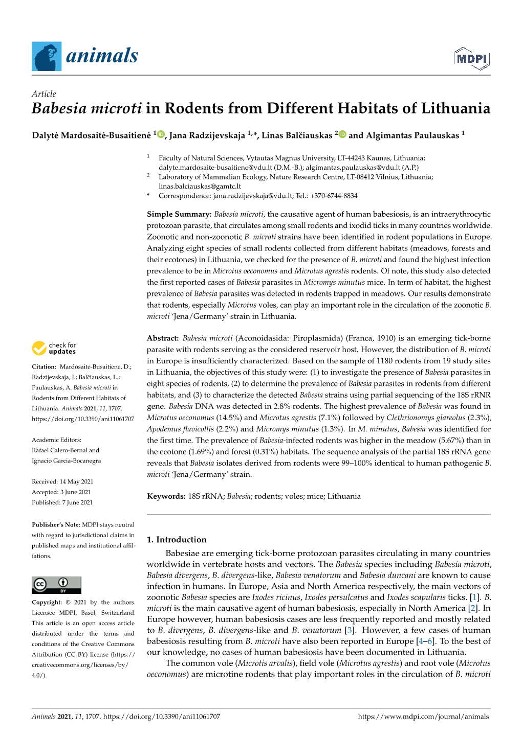 Babesia Microti in Rodents from Different Habitats of Lithuania