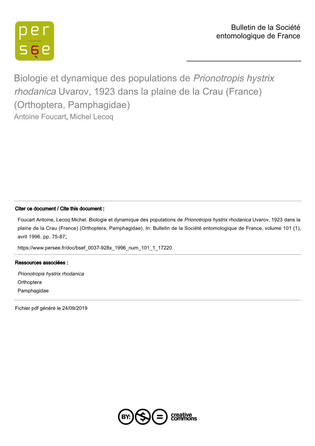 Biologie Et Dynamique Des Populations De Prionotropis Hystrix Rhodanica Uvarov, 1923 Dans La Plaine De La Crau (France) (Orthopt