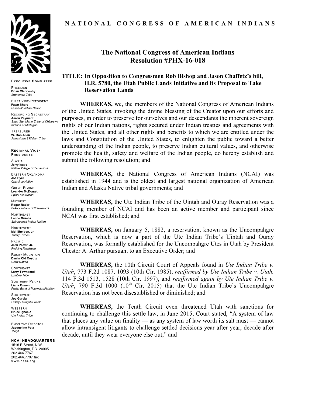 The National Congress of American Indians Resolution #PHX-16-018