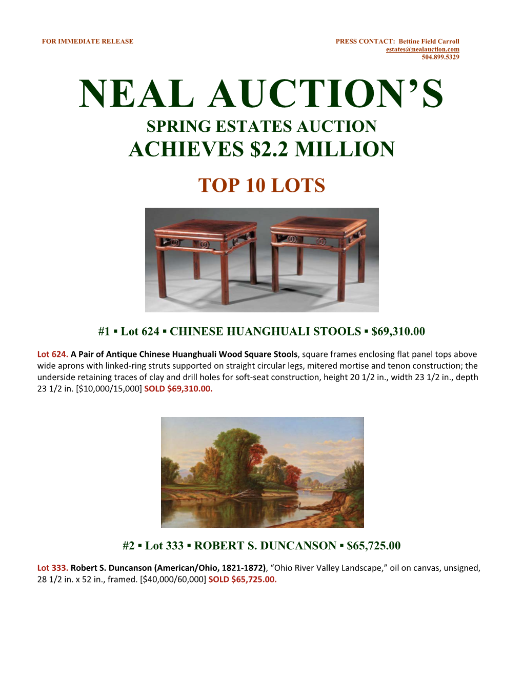 Neal Auction's Spring Estates Auction Achieves $2.2 Million Top 10 Lots