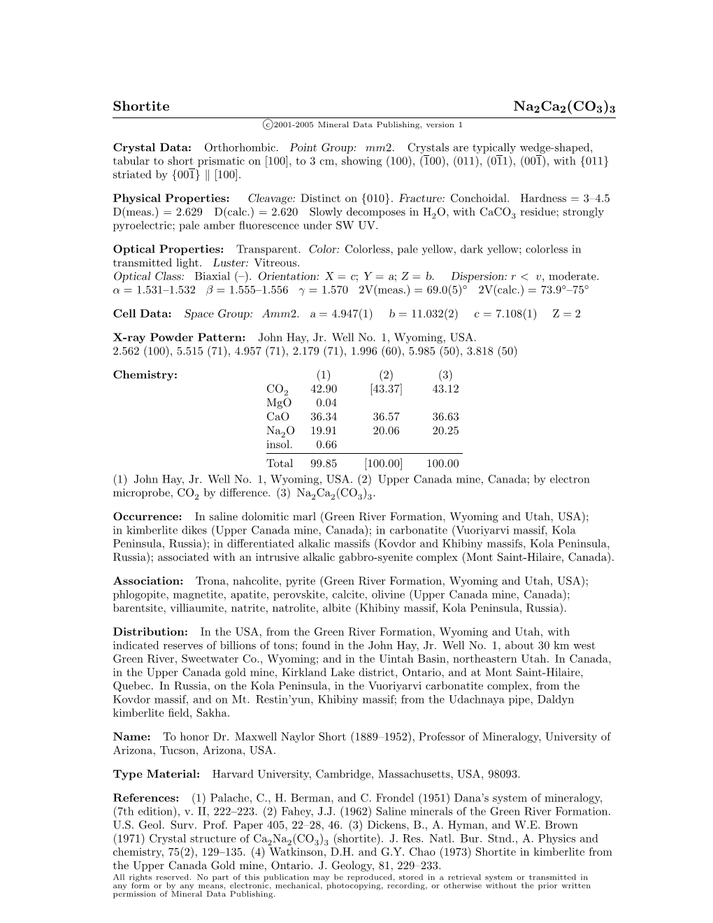 Shortite Na2ca2(CO3)3 C 2001-2005 Mineral Data Publishing, Version 1