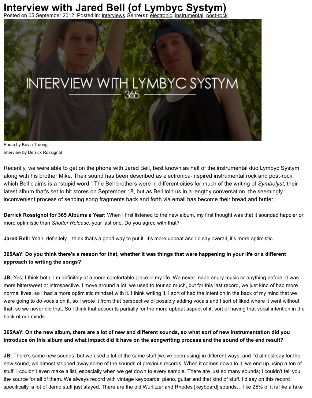 Interview with Jared Bell (Of Lymbyc Systym) Posted on 05 September 2012