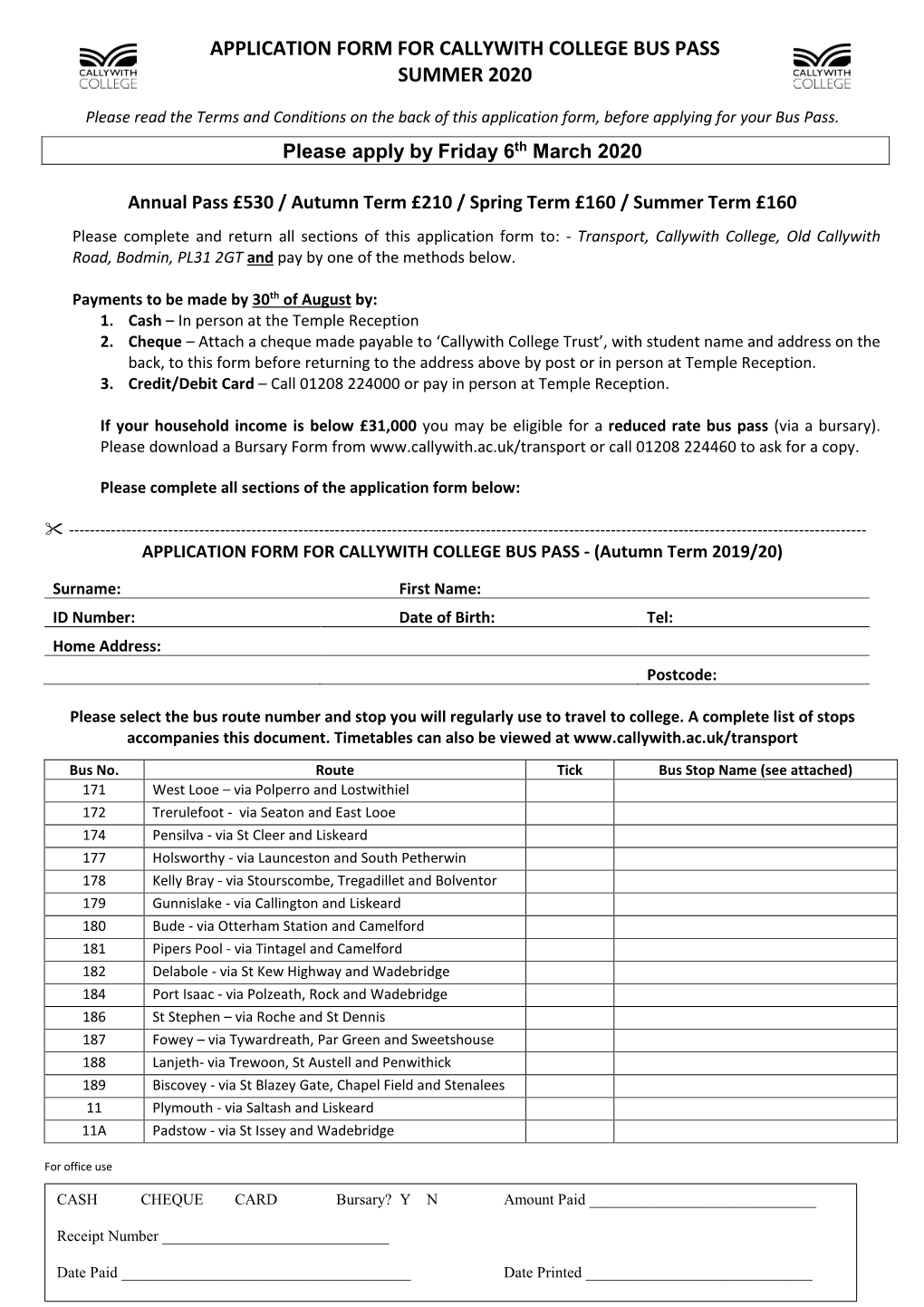 Application Form for Callywith College Bus Pass Summer 2020