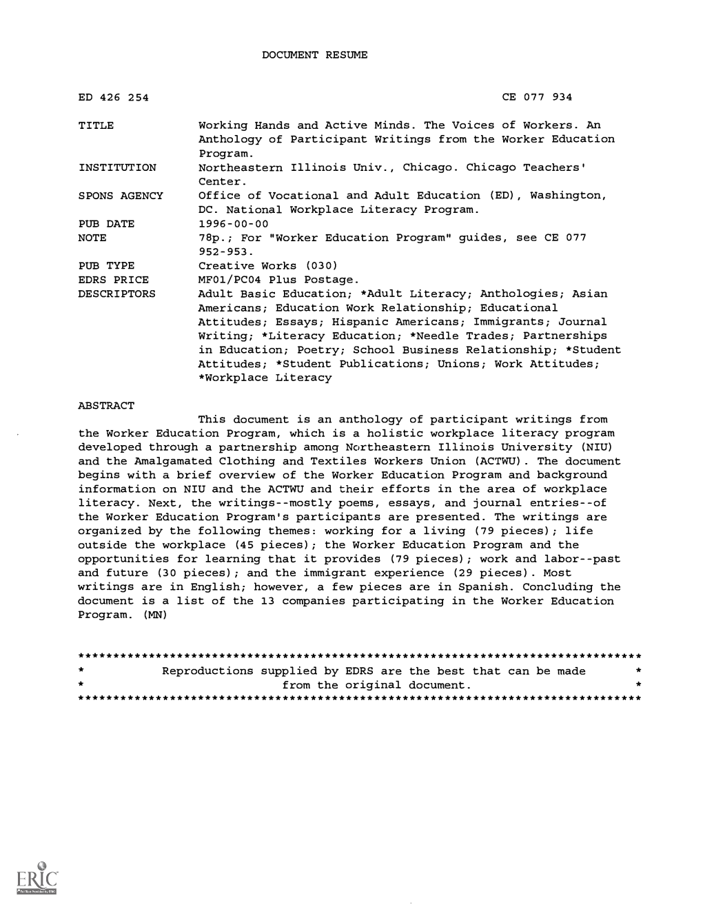 TITLE Working Hands and Active Minds. the Voices of Workers. an Anthology of Participant Writings from the Worker Education Program