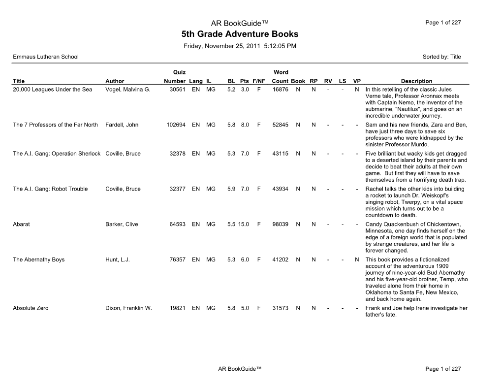 5Th Grade Adventure Books Friday, November 25, 2011 5:12:05 PM Emmaus Lutheran School Sorted By: Title