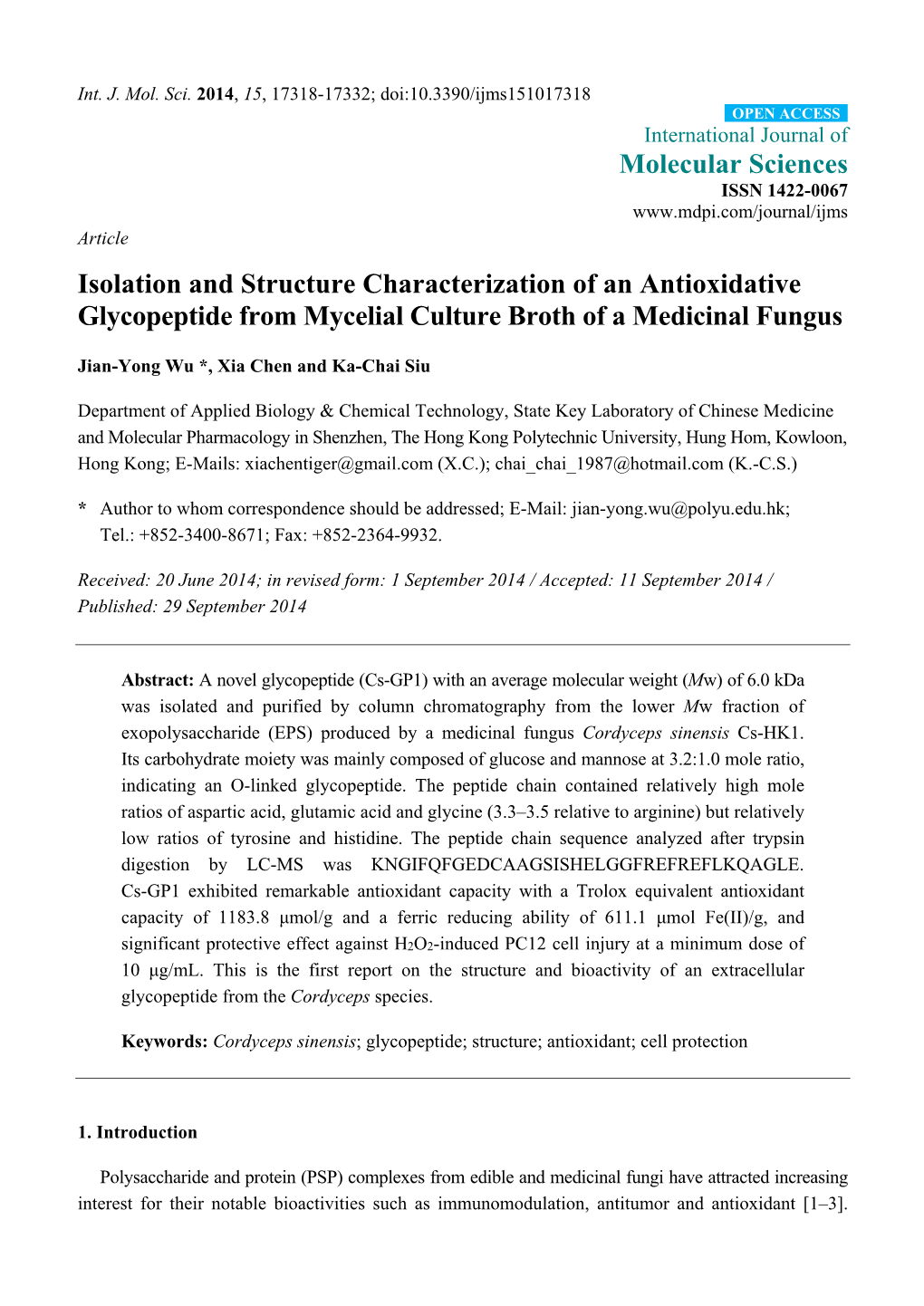 Isolation and Structure Characterization of an Antioxidative Glycopeptide from Mycelial Culture Broth of a Medicinal Fungus