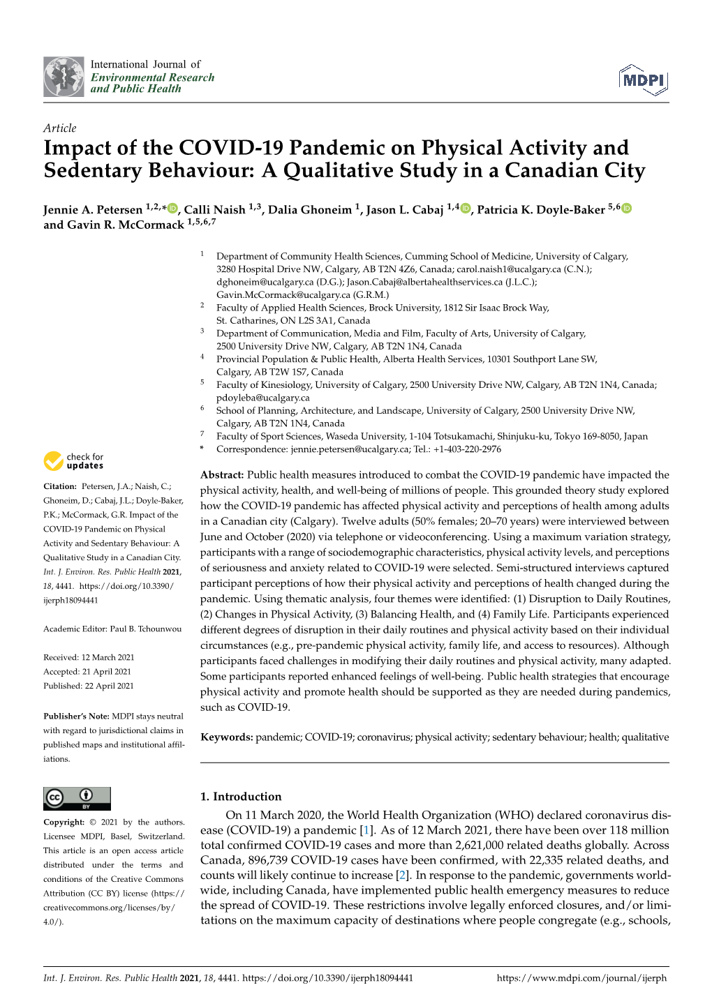 Impact of the COVID-19 Pandemic on Physical Activity and Sedentary Behaviour: a Qualitative Study in a Canadian City