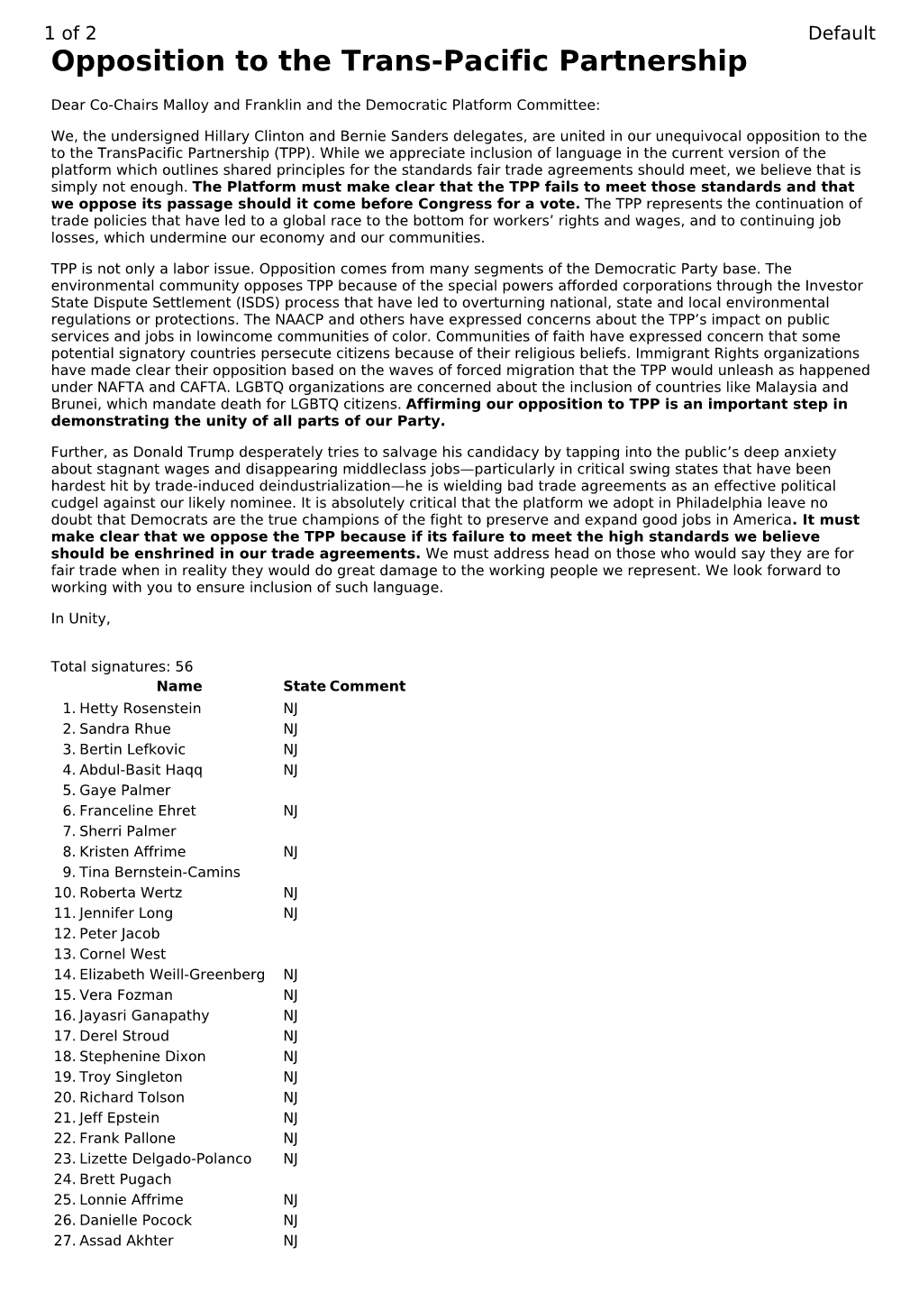 Opposition to the Trans-Pacific Partnership