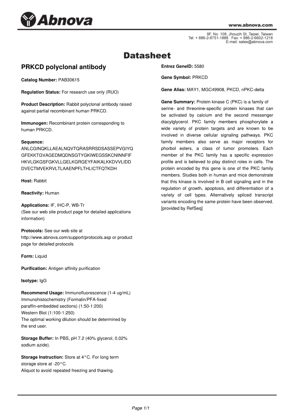 PRKCD Polyclonal Antibody Entrez Geneid: 5580