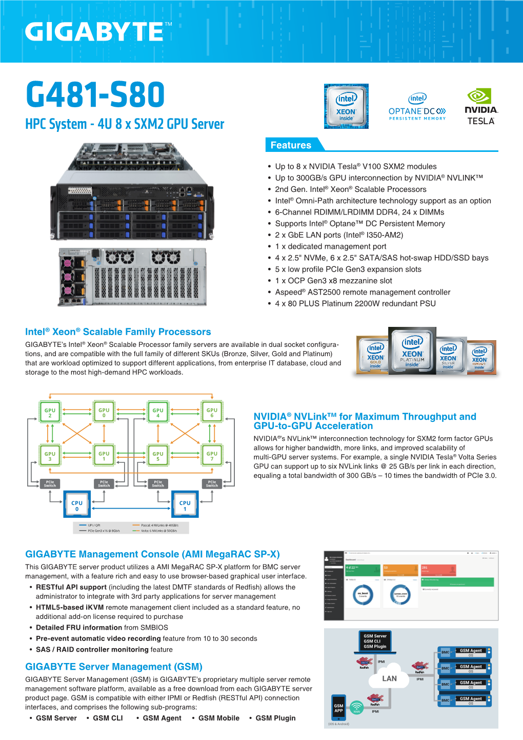 G481-S80 HPC System - 4U 8 X SXM2 GPU Server Features