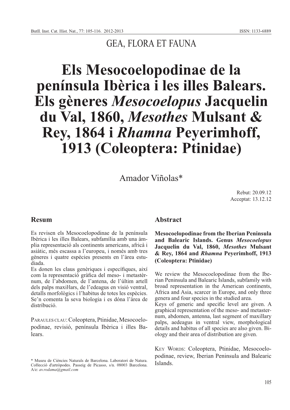 Els Mesocoelopodinae De La Península Ibèrica I Les Illes Balears