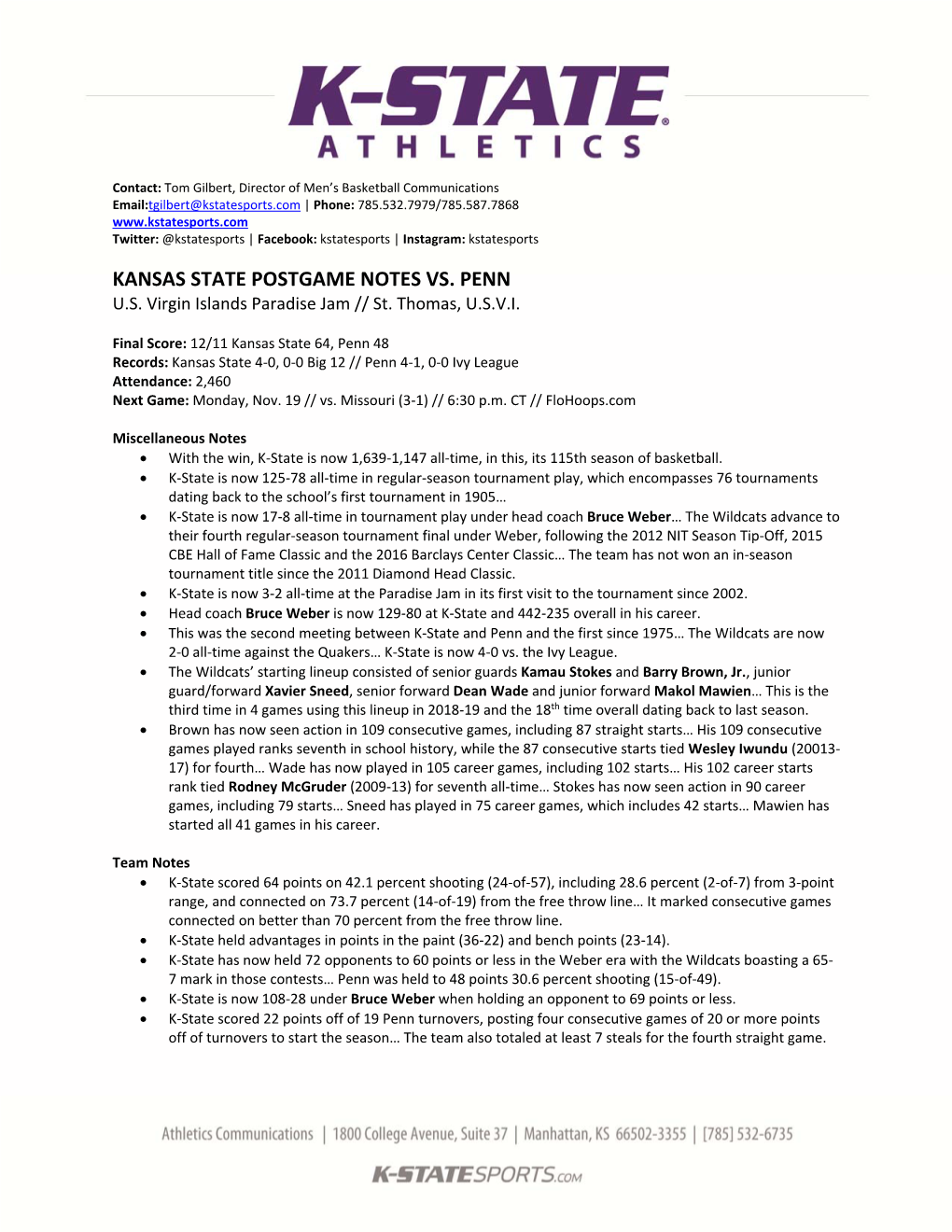 Kansas State Postgame Notes Vs. Penn U.S