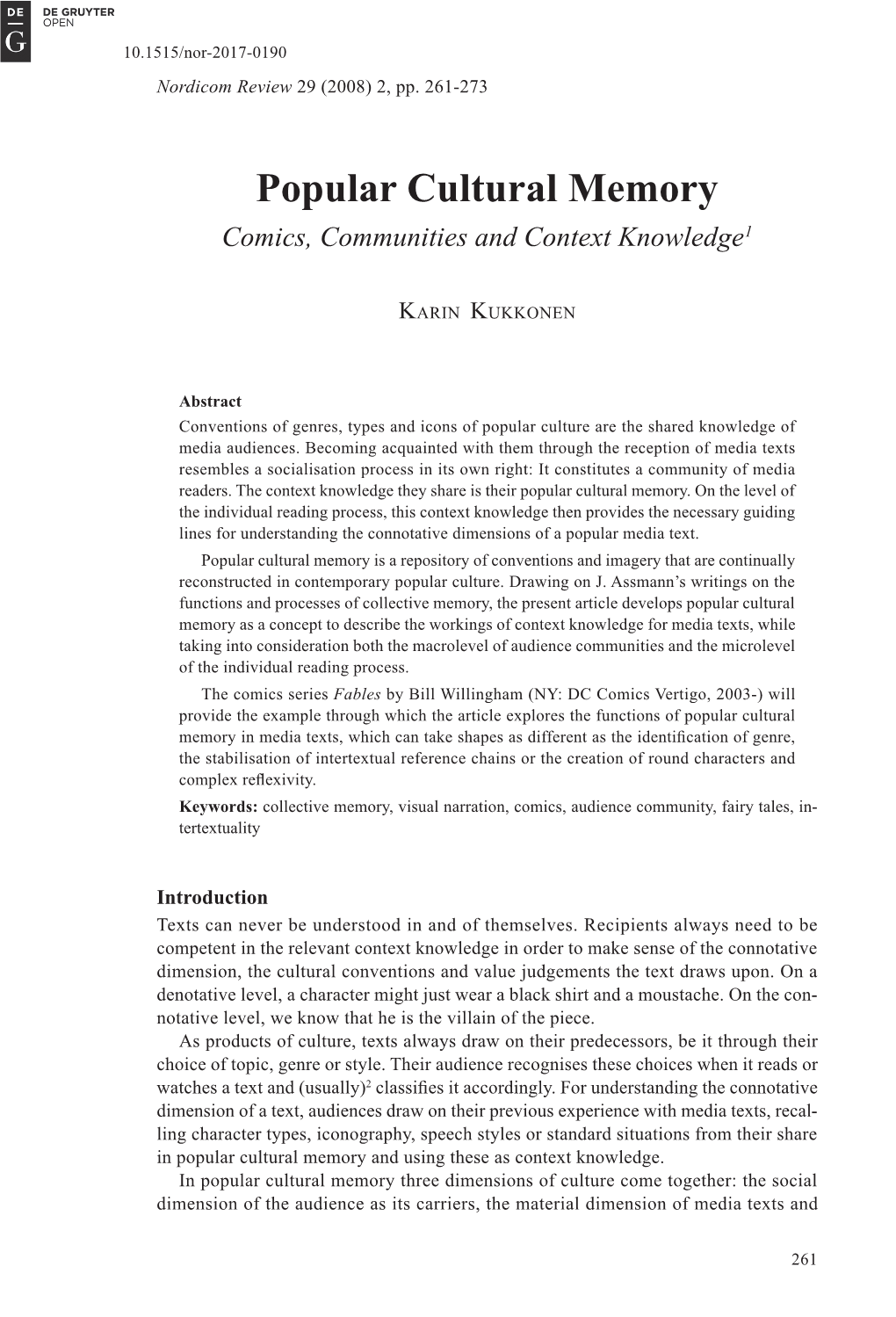 Popular Cultural Memory Comics, Communities and Context Knowledge1