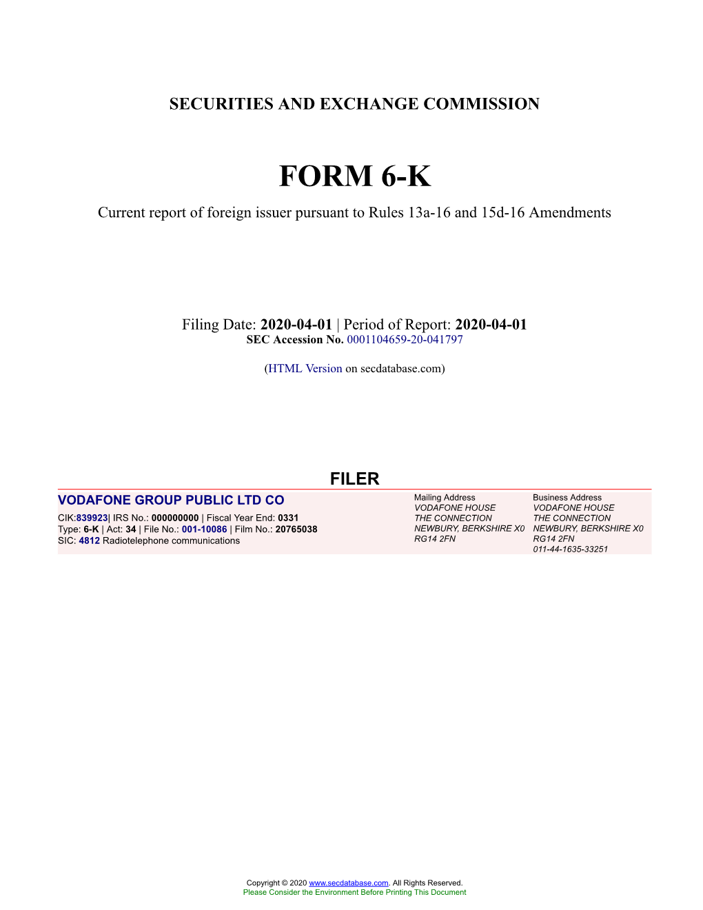 VODAFONE GROUP PUBLIC LTD CO Form 6-K Current Event Report