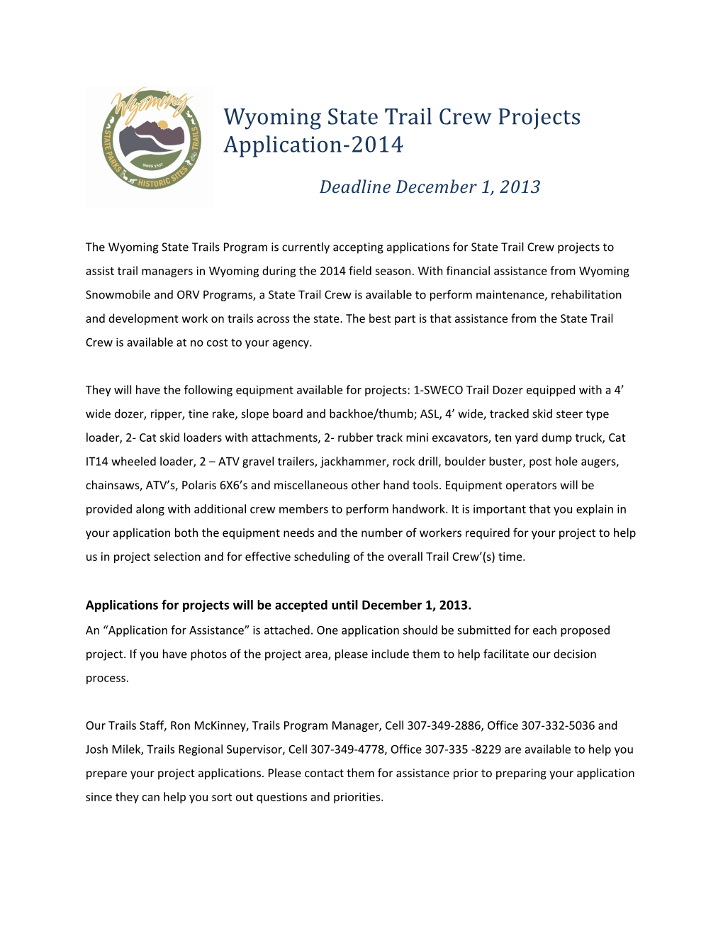 Wyoming State Trail Crew Projects Application-2014