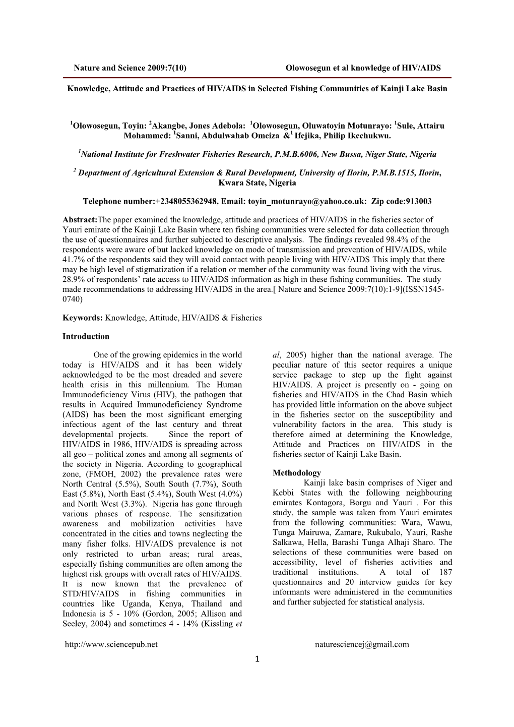 Knowledge, Attitude and Practices of HIV/AIDS in Selected Fishing Communities of Kainji Lake Basin