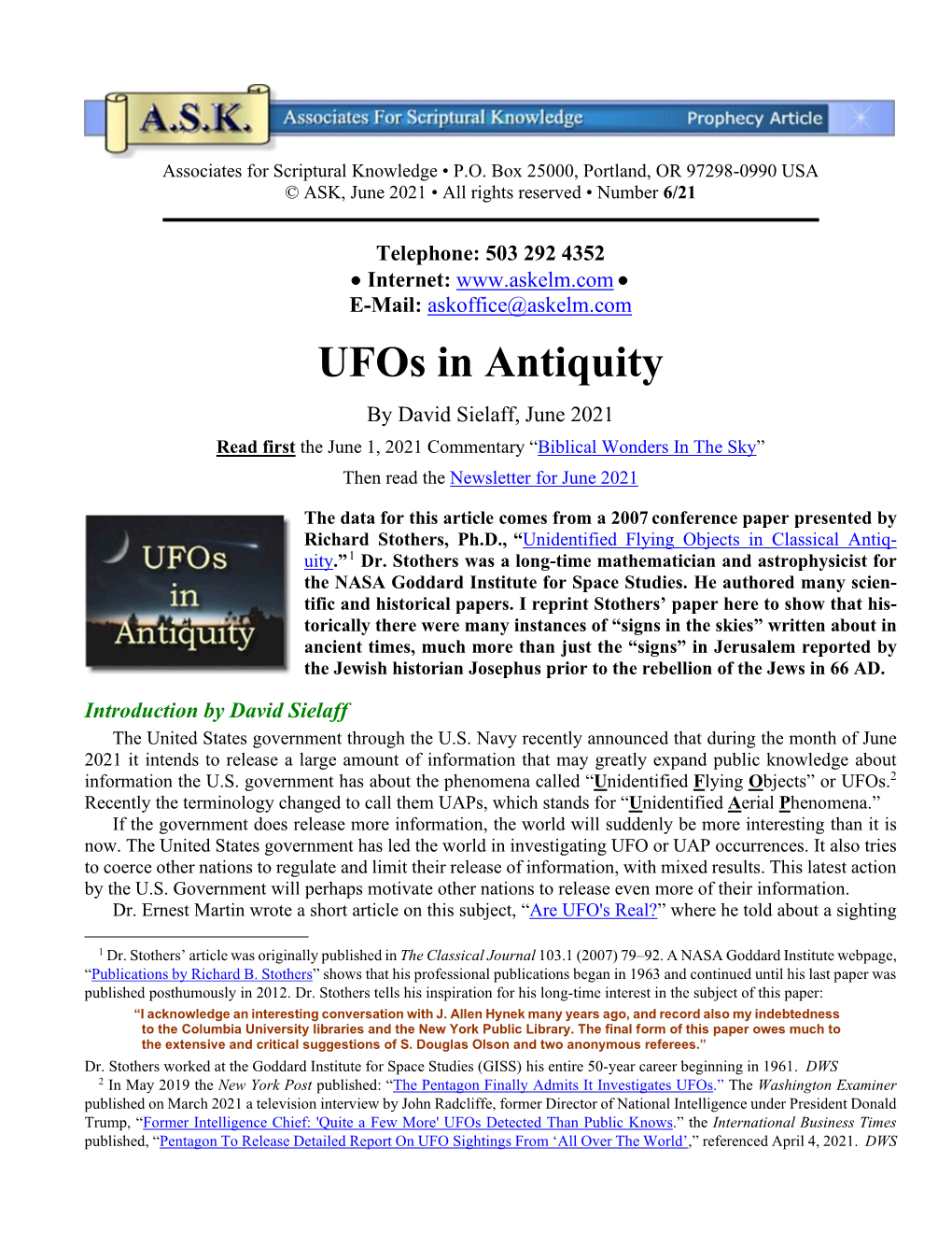 Ufos in Antiquity by David Sielaff, June 2021 Read First the June 1, 2021 Commentary “Biblical Wonders in the Sky” Then Read the Newsletter for June 2021