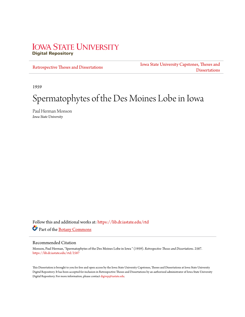 Spermatophytes of the Des Moines Lobe in Iowa Paul Herman Monson Iowa State University