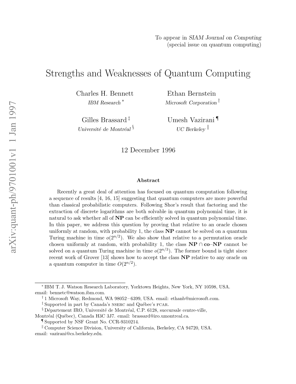 Strengths and Weaknesses of Quantum Computing