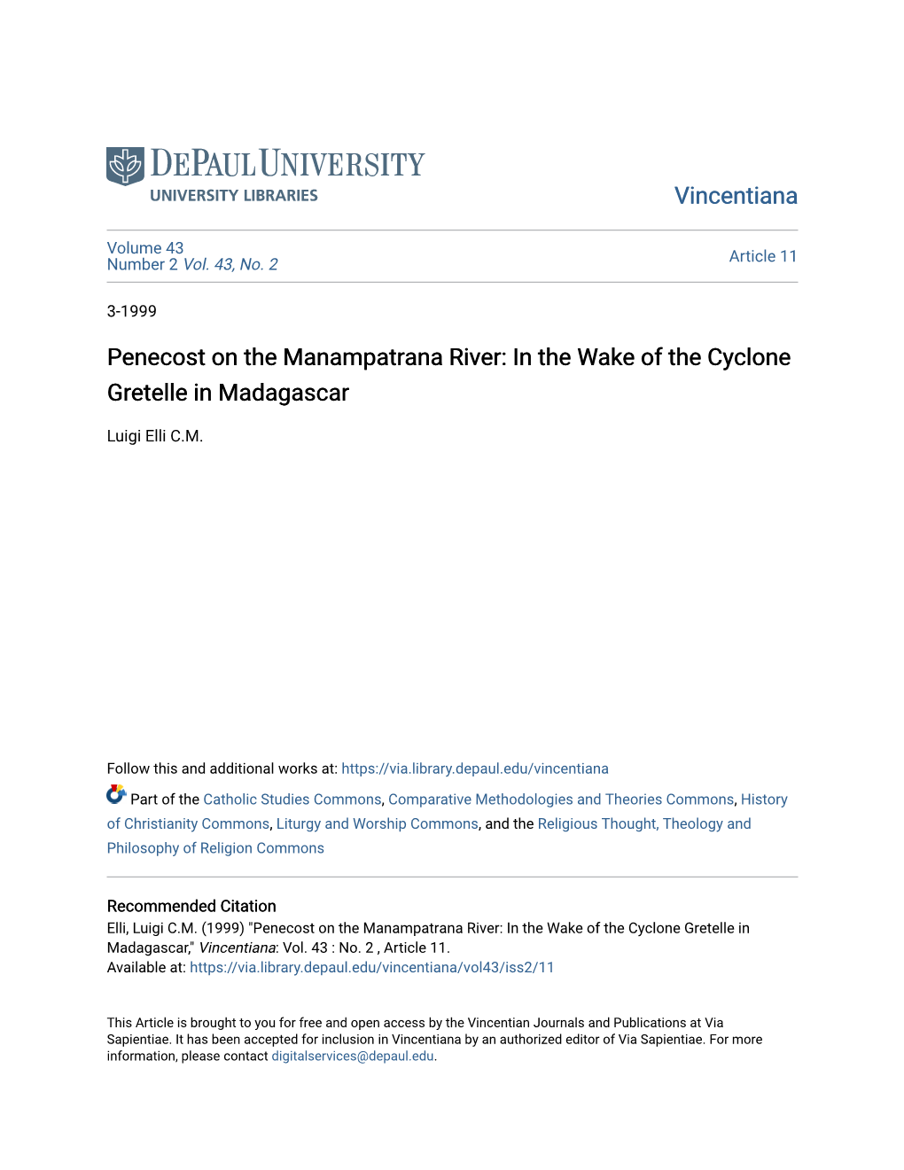 Penecost on the Manampatrana River: in the Wake of the Cyclone Gretelle in Madagascar